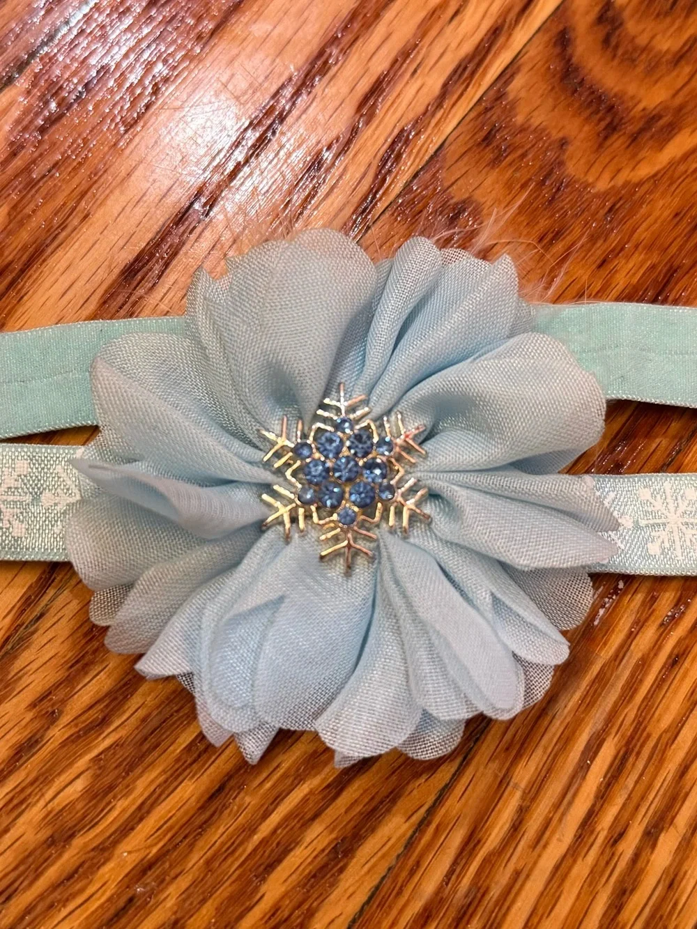Light Blue Kids Headband with Snowflake Ribbon and Flower Accent